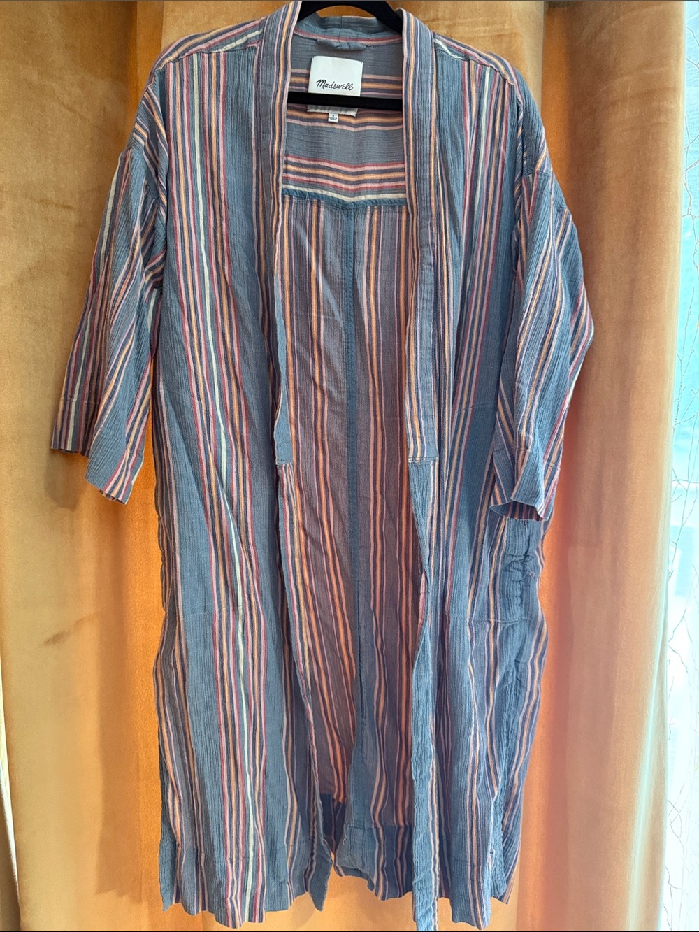 Madewell Blue Striped Lightweight Open-Front Shirt Jacket with Pink Accents